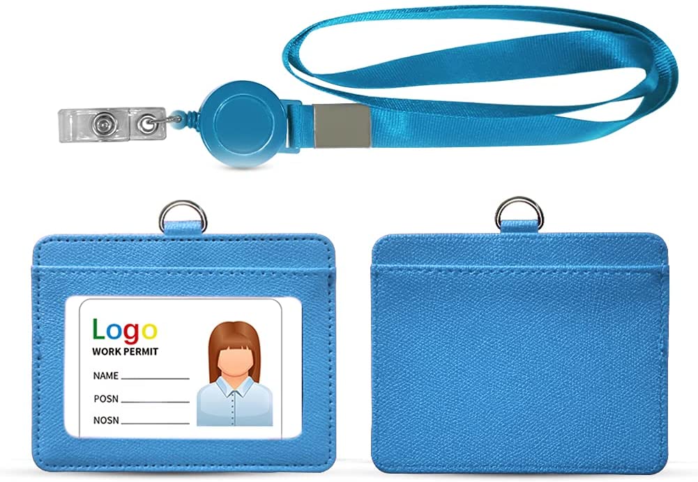 ID Badge Holder with Lanyard Heavy Duty Retractable PU Leather Vertical Horizontal ID Card Holders with 1 Clear ID Window & 1 Credit Card Slot for Office School (Vertical, Black)