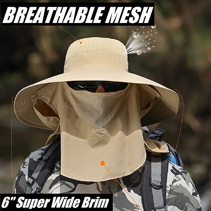 HYCOPROT Sun UV Protection Hat Neck Flap Mesh Cap For Outdoor Sports Activity Men Sunscreen Waterproof Fishing Hats Hiking Camping Traveling 