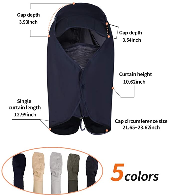 Fishing Hat Sun Cap UPF 50+ Protection with Face Neck Flap Removable Foldable Quick Dry Wide Brim Hats for Men and Women