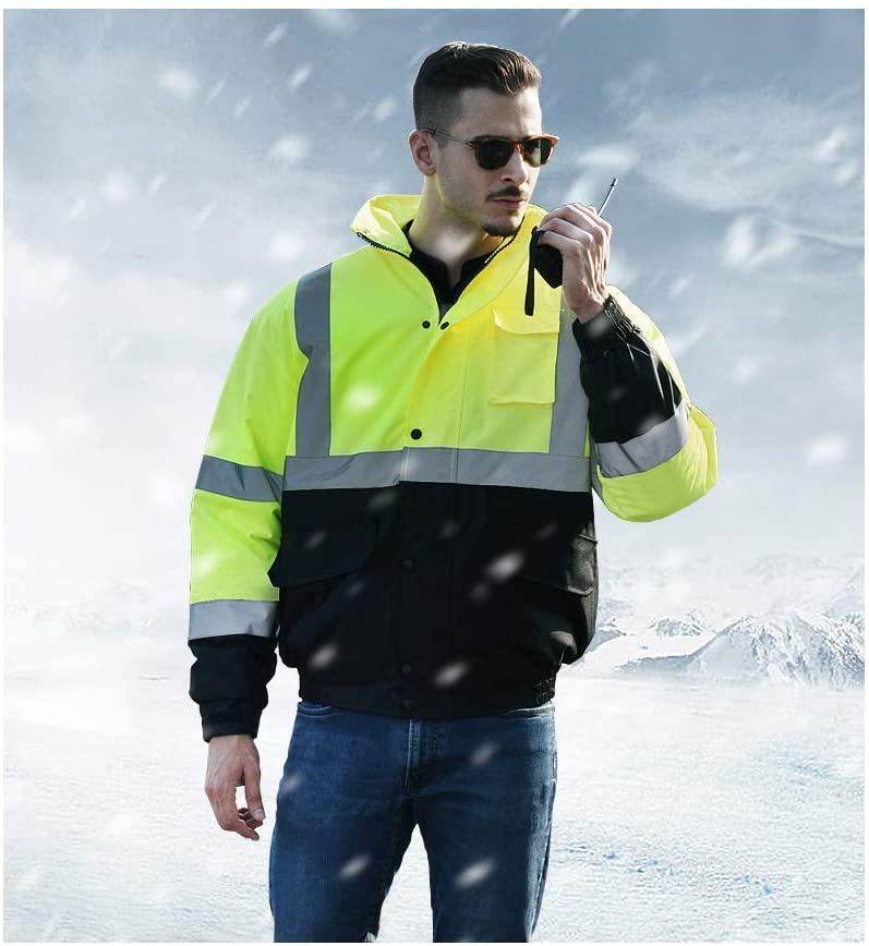 HYCOPROT Safety Bomber Jackets Reflective High Visibility Winter Warm Workwear, ANIS Class 3 Compliant Approved (L, Neon Yellow)