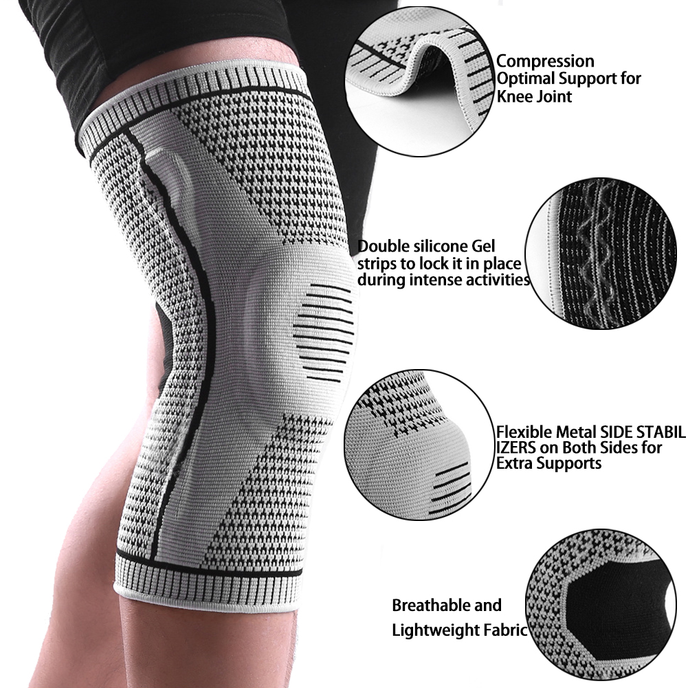 Knee Brace Support Arthritis Pain Knee Compression Sleeve with Patella Gel Pads & Side Spring Stabilizers