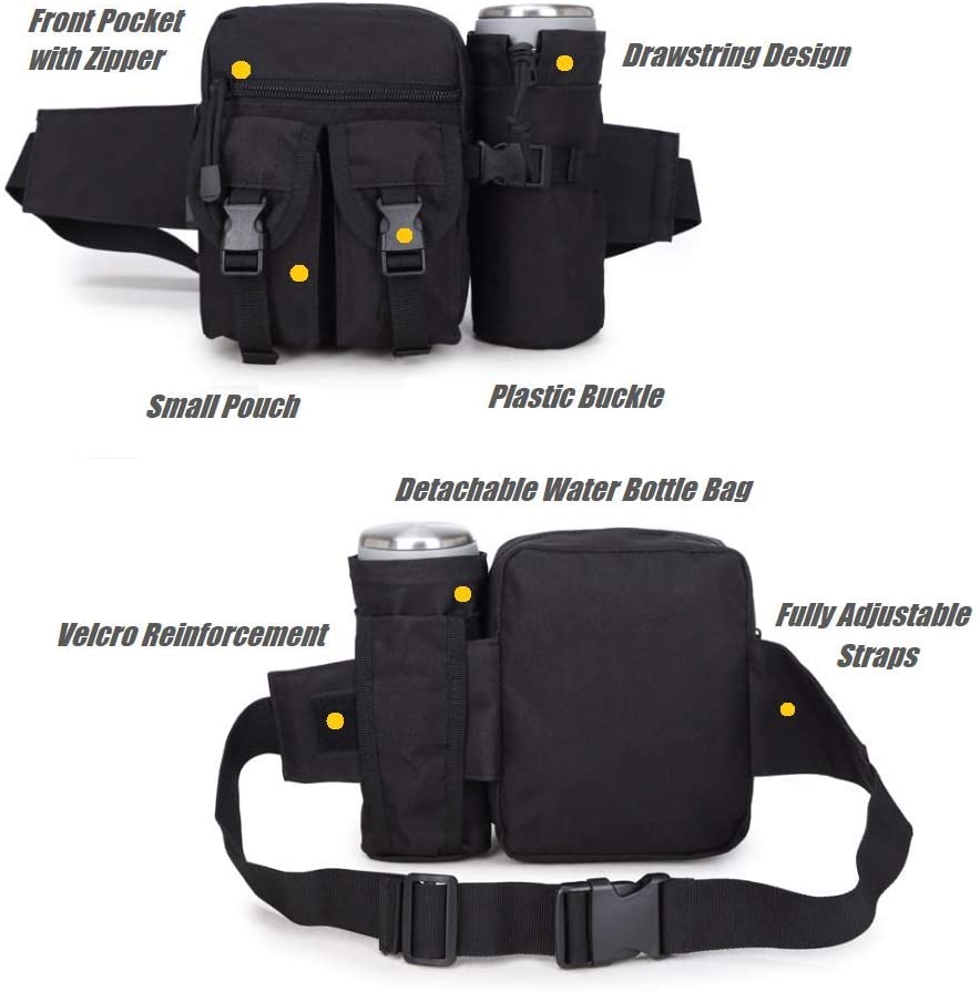 HYCOPROT Tactical Waist Bag Military Fanny Pack Adjustable Sling Bag with Water Bottle Pouch for Fishing Hunting Camping Hiking (Black)