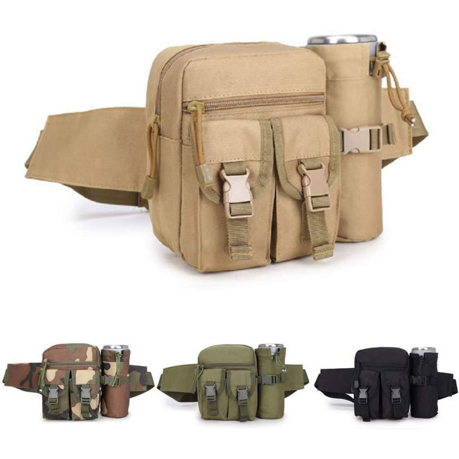 Tactical Waist Bag Military Fanny Pack Adjustable Sling Bag with Water Bottle Pouch for Fishing Hunting Camping Hiking (Black)