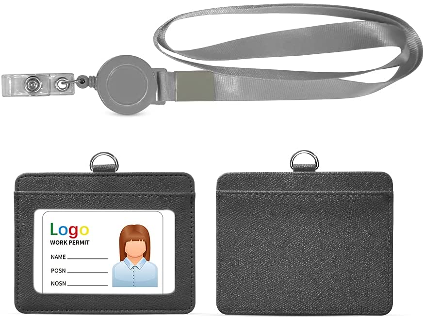 ID Badge Holder with Lanyard Heavy Duty Retractable PU Leather Vertical Horizontal ID Card Holders with 1 Clear ID Window & 1 Credit Card Slot for Office School (Vertical, Black)
