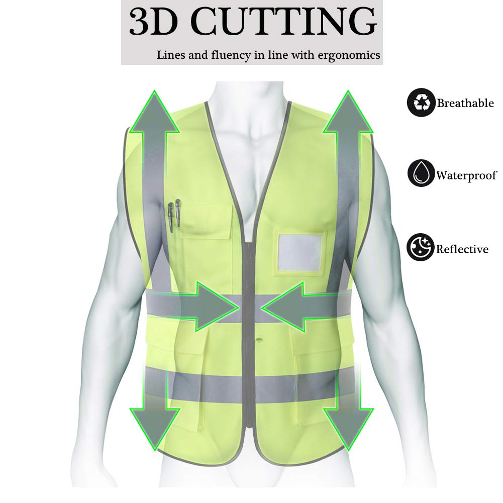 HYCOPROT High Visibility Reflective Safety Vest with Pockets and Zipper Front, Neon Yellow, Meets ANSI/ISEA Standards