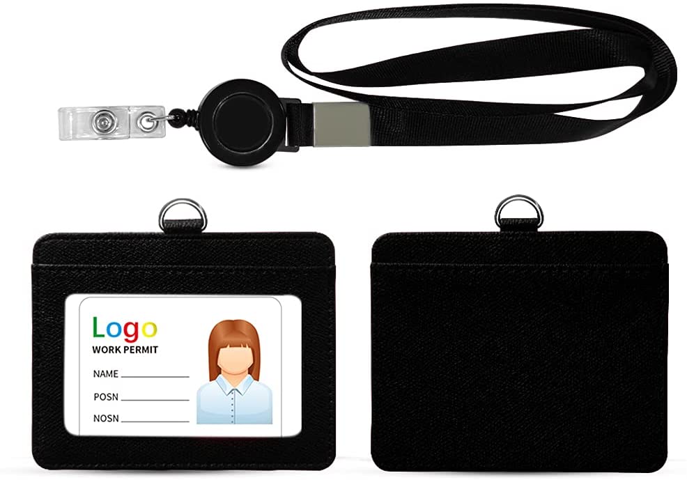 ID Badge Holder with Lanyard Heavy Duty Retractable PU Leather Vertical Horizontal ID Card Holders with 1 Clear ID Window & 1 Credit Card Slot for Office School (Vertical, Black)