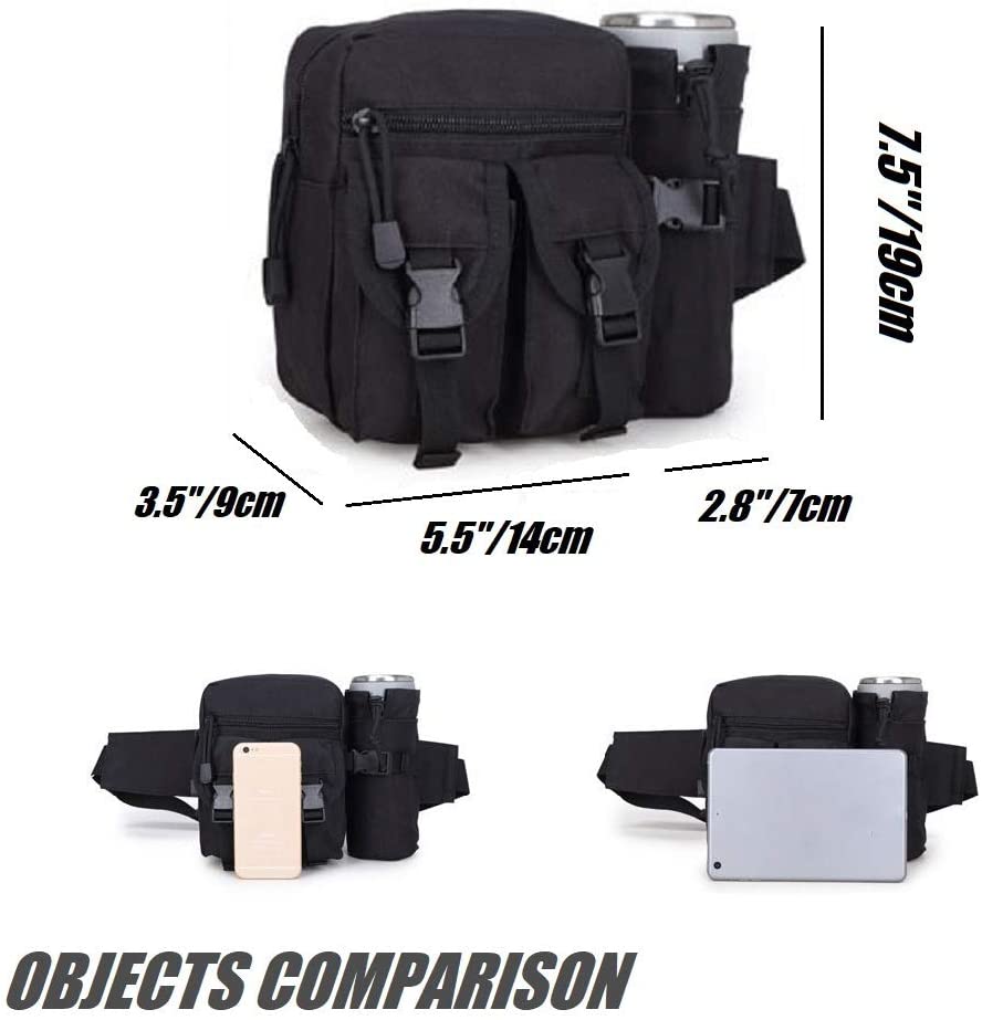 HYCOPROT Tactical Waist Bag Military Fanny Pack Adjustable Sling Bag with Water Bottle Pouch for Fishing Hunting Camping Hiking (Black)