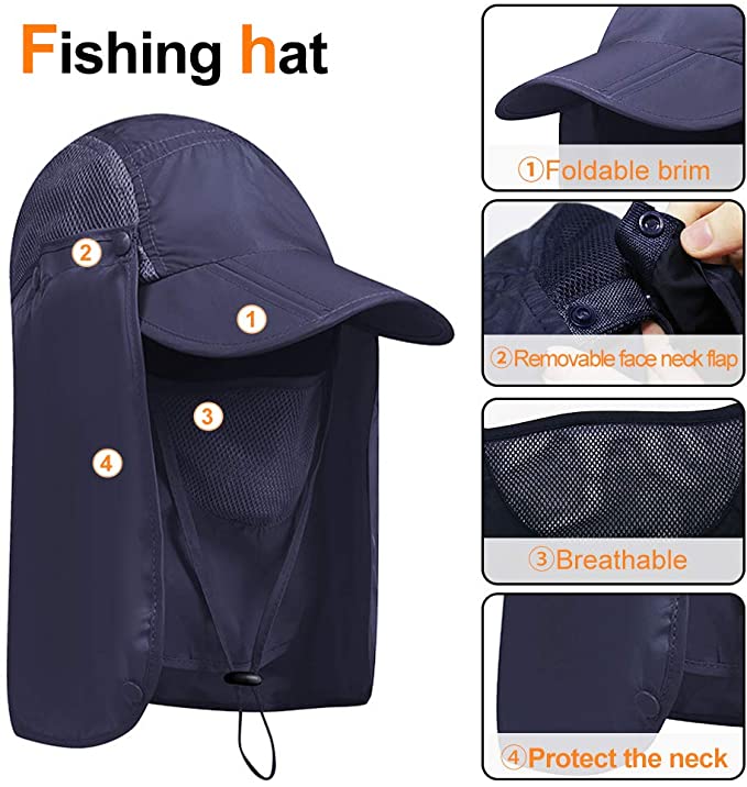 Fishing Hat Sun Cap UPF 50+ Protection with Face Neck Flap Removable Foldable Quick Dry Wide Brim Hats for Men and Women