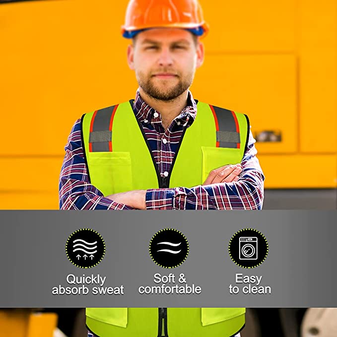 HYCOPROT High Visibility Knitted Reflective Safety Vest with Pockets and Zipper Neon Yellow Meets ANSI/ISEA Standards