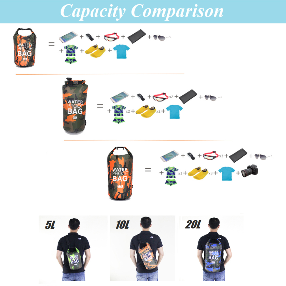 Camo Rucksack Waterproof Dry Bag 5L/10L/20L Floating Backpack with Single Double Shoulder Strap Swimming Boating Fishing