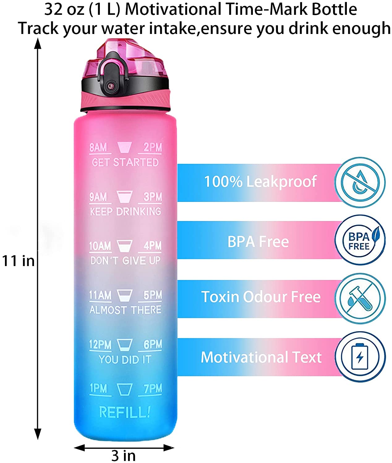 32oz Water Bottle with Times to Drink, Portable Reusable Leakproof BPA Free Motivational Water Hydrate Bottles with Time Marker&Straw,Ensure Drink Enough Water for Fitness,Gym,Outdoor Sports