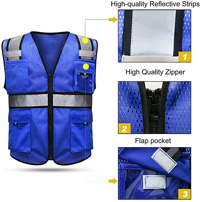 HYCOPROT High Visibility Mesh Safety Reflective Vest with Pockets and Zipper Meets ANSI/ISEA Standards