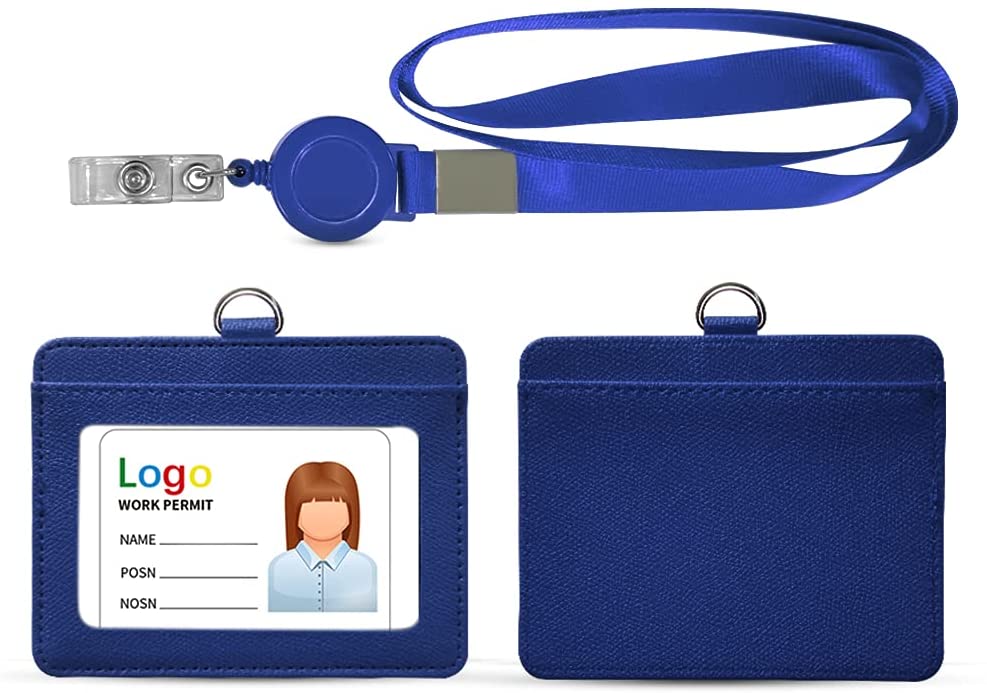 ID Badge Holder with Lanyard Heavy Duty Retractable PU Leather Vertical Horizontal ID Card Holders with 1 Clear ID Window & 1 Credit Card Slot for Office School (Vertical, Black)