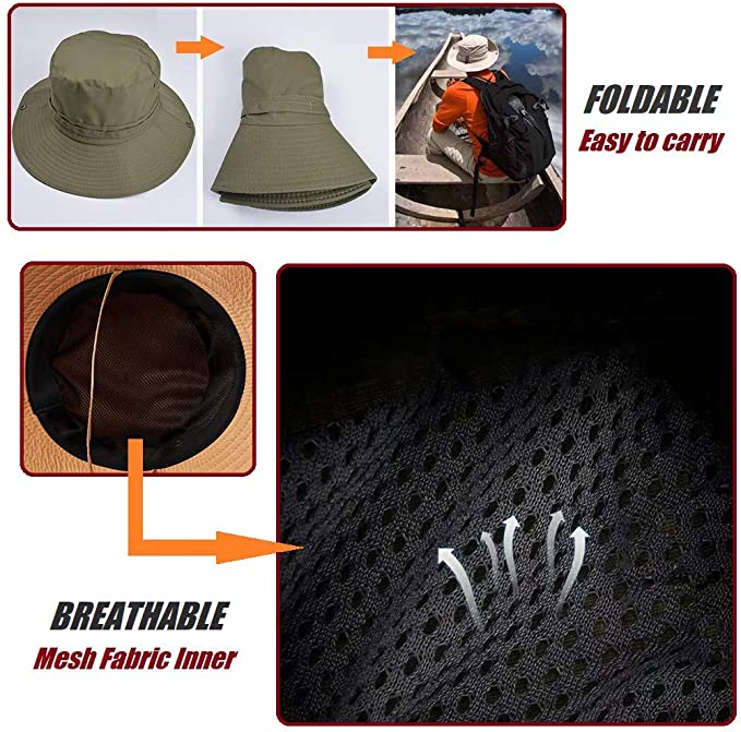 Fishing Hat, Foldable Wide Brim Breathable Mesh UV Protection Outdoor Sun Hat for Fishing Hiking Camping Cycling Boating Gardening 
