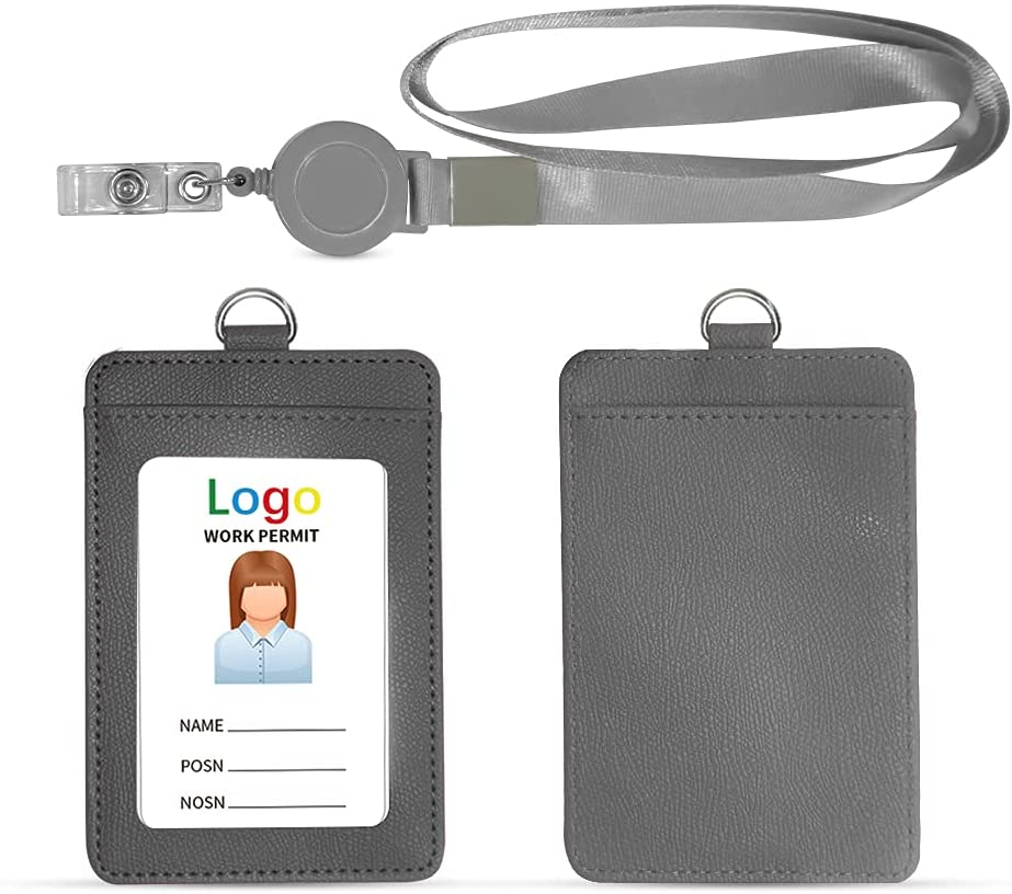 ID Badge Holder with Lanyard Heavy Duty Retractable PU Leather Vertical Horizontal ID Card Holders with 1 Clear ID Window & 1 Credit Card Slot for Office School (Vertical, Black)
