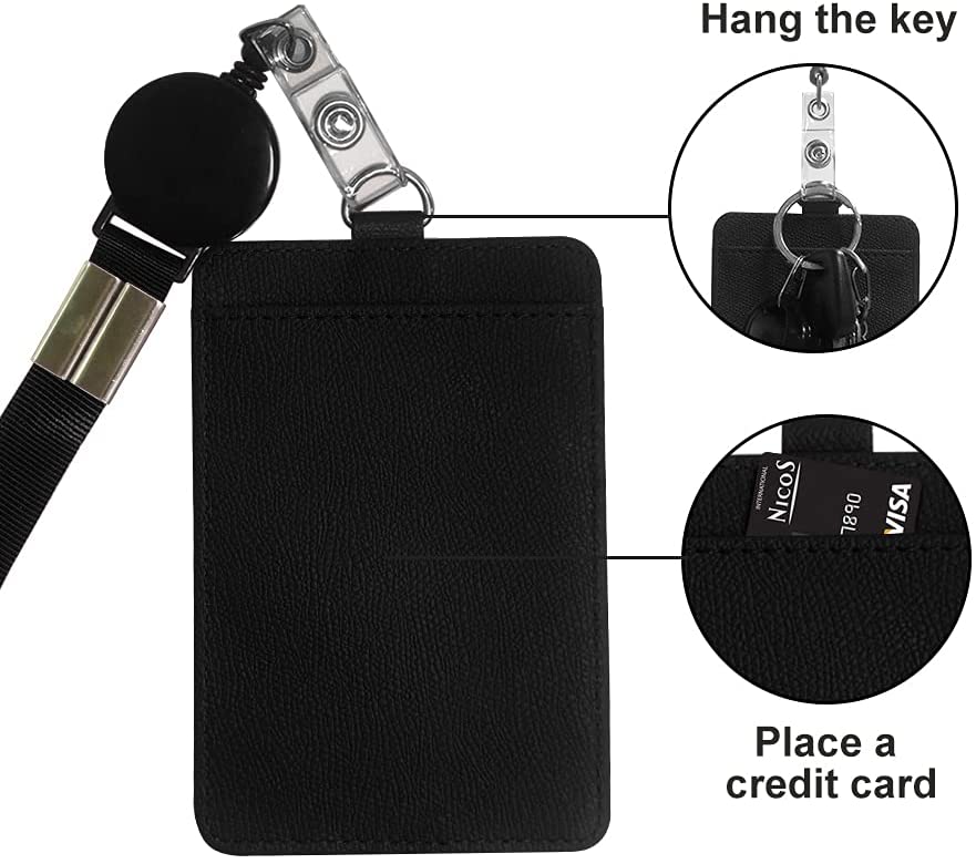 HYCOPROT ID Badge Holder with Lanyard Heavy Duty Retractable PU Leather Vertical Horizontal ID Card Holders with 1 Clear ID Window & 1 Credit Card Slot for Office School (Vertical, Black)