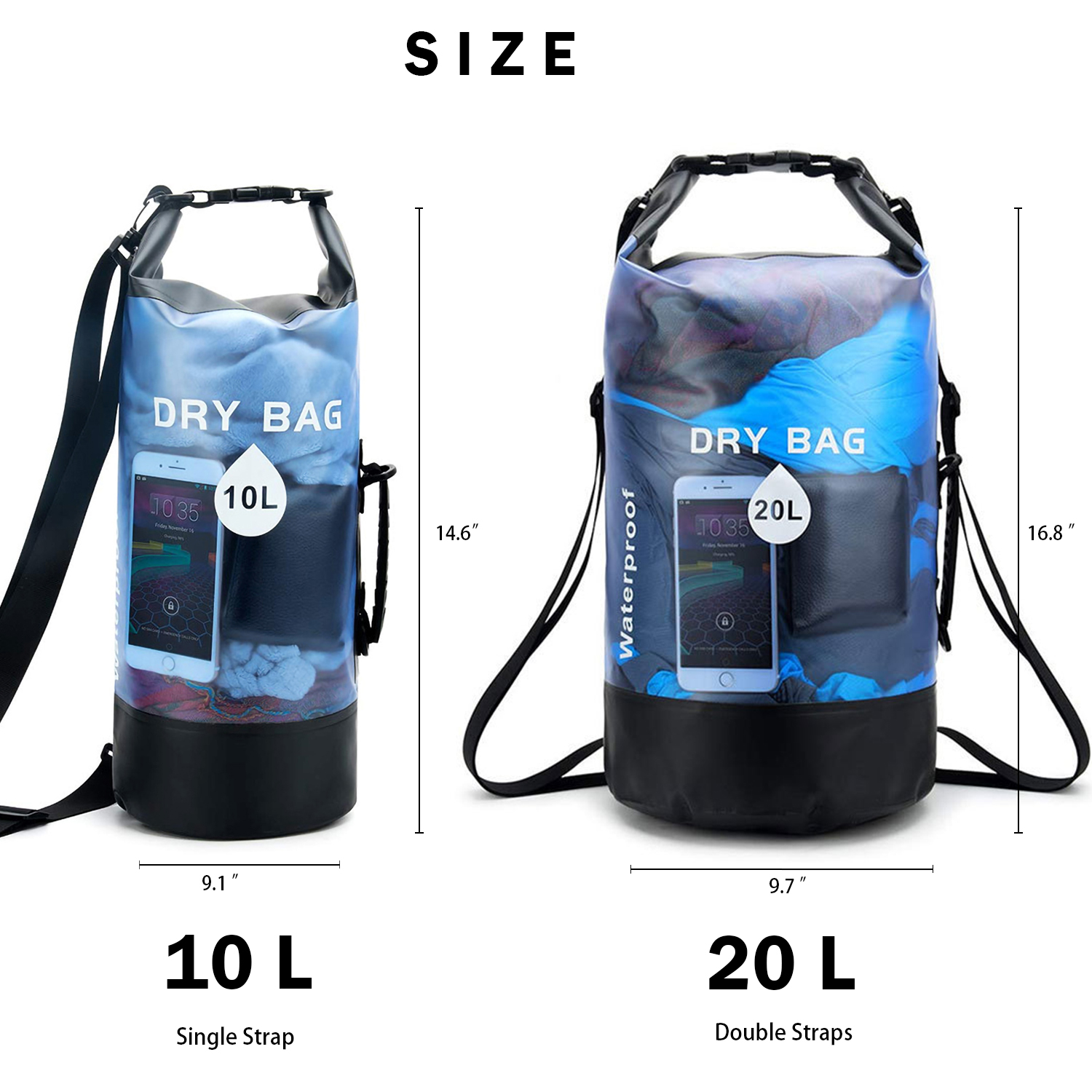 Waterproof Dry Bag 10L/20L for Men Women Roll Top Floating Dry Backpack Bags with Shoulder Strap Lightweight Dry Sack Storage for Water Sports Beach Kayaking Boating Swimming Hiking Rafting