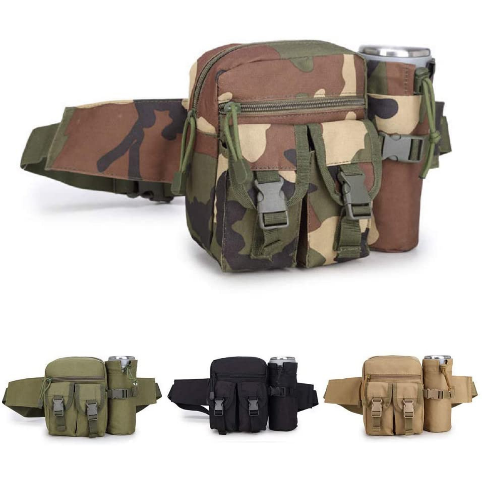 Tactical Waist Bag Military Fanny Pack Adjustable Sling Bag with Water Bottle Pouch for Fishing Hunting Camping Hiking (Black)