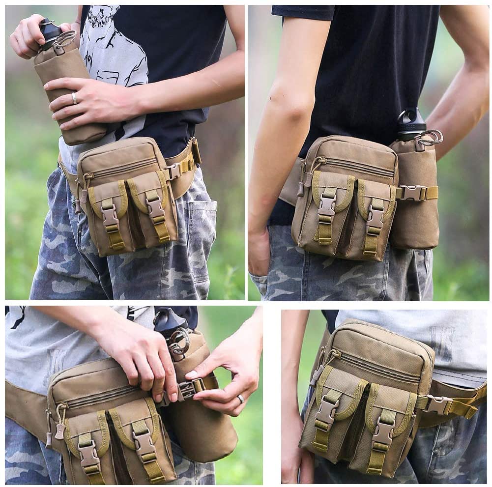 HYCOPROT Tactical Waist Bag Military Fanny Pack Adjustable Sling Bag with Water Bottle Pouch for Fishing Hunting Camping Hiking (Black)