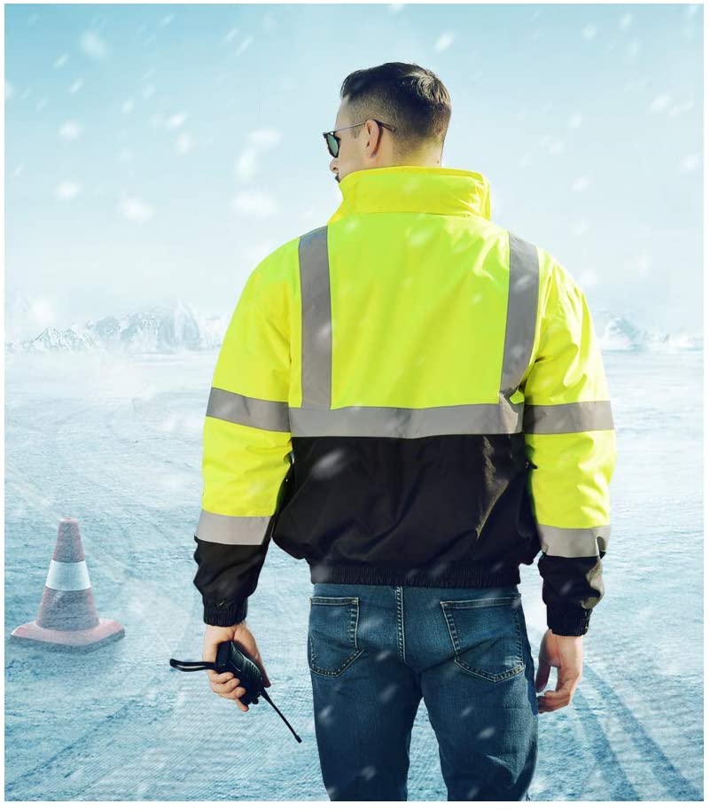 HYCOPROT Safety Bomber Jackets Reflective High Visibility Winter Warm Workwear, ANIS Class 3 Compliant Approved (L, Neon Yellow)