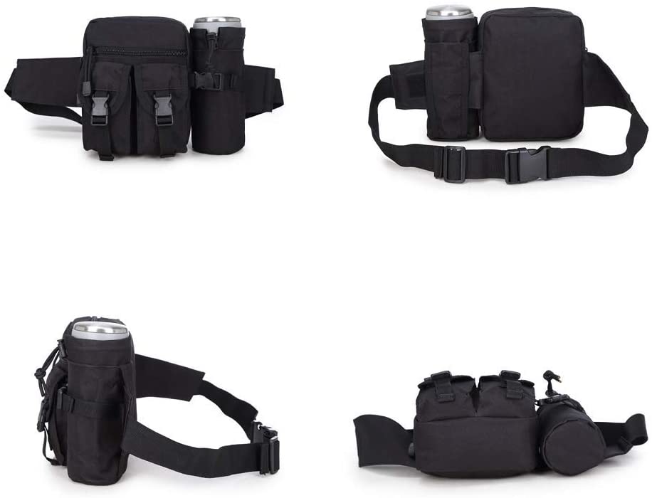 HYCOPROT Tactical Waist Bag Military Fanny Pack Adjustable Sling Bag with Water Bottle Pouch for Fishing Hunting Camping Hiking (Black)