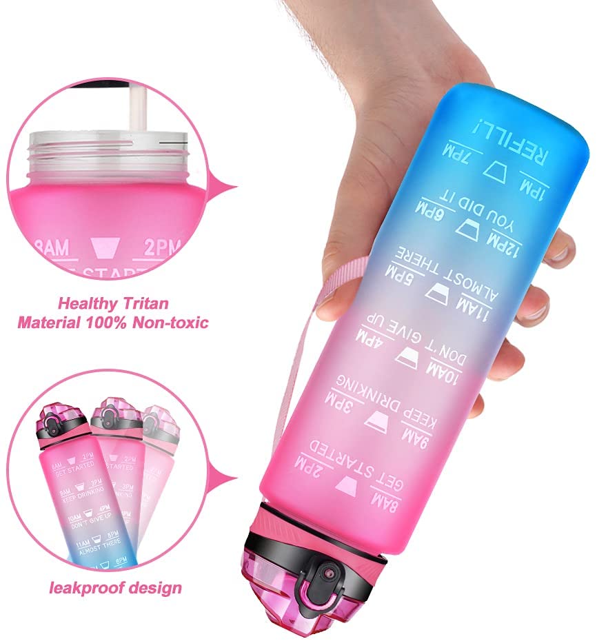 32oz Water Bottle with Times to Drink, Portable Reusable Leakproof BPA Free Motivational Water Hydrate Bottles with Time Marker&Straw,Ensure Drink Enough Water for Fitness,Gym,Outdoor Sports