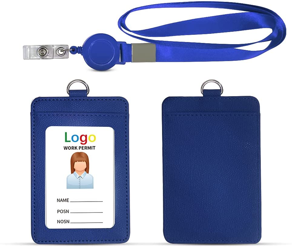 ID Badge Holder with Lanyard Heavy Duty Retractable PU Leather Vertical Horizontal ID Card Holders with 1 Clear ID Window & 1 Credit Card Slot for Office School (Vertical, Black)