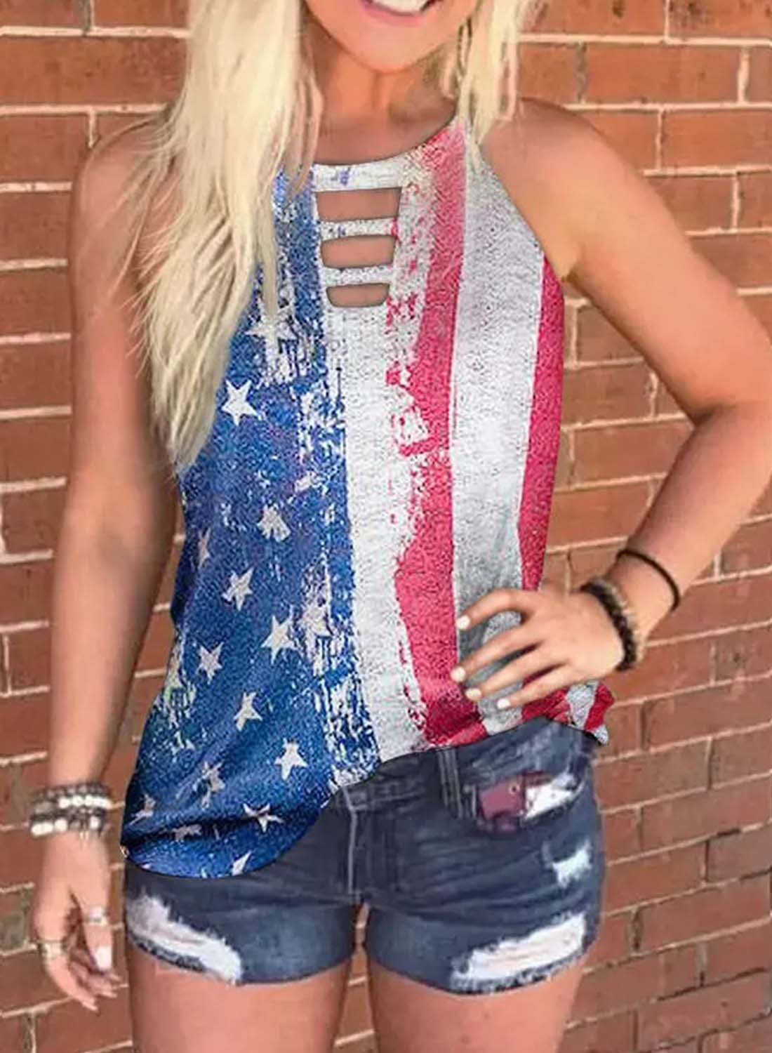Women's Vintage USA Flag Sleeveless Tops For Women-yoyobikini