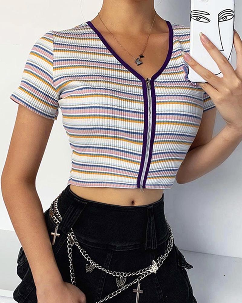 Striped Zip Front Crop Top-yoyobikini