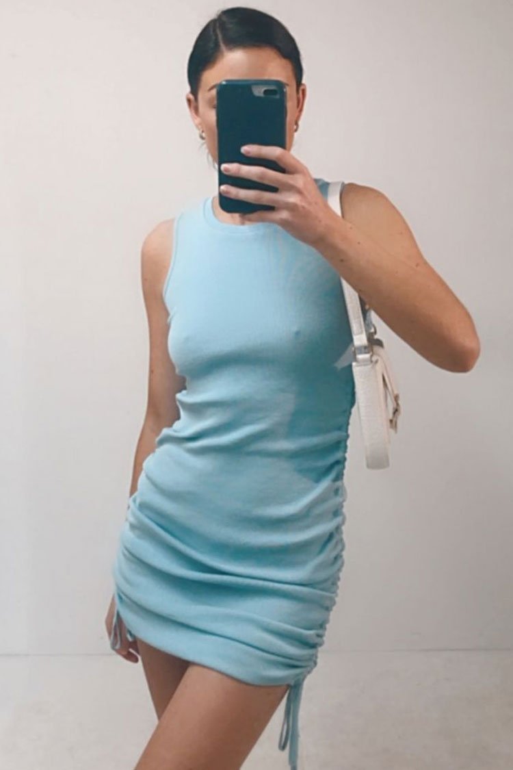 Drawstring Side Ruched Ribbed Tank Dress-yoyobikini