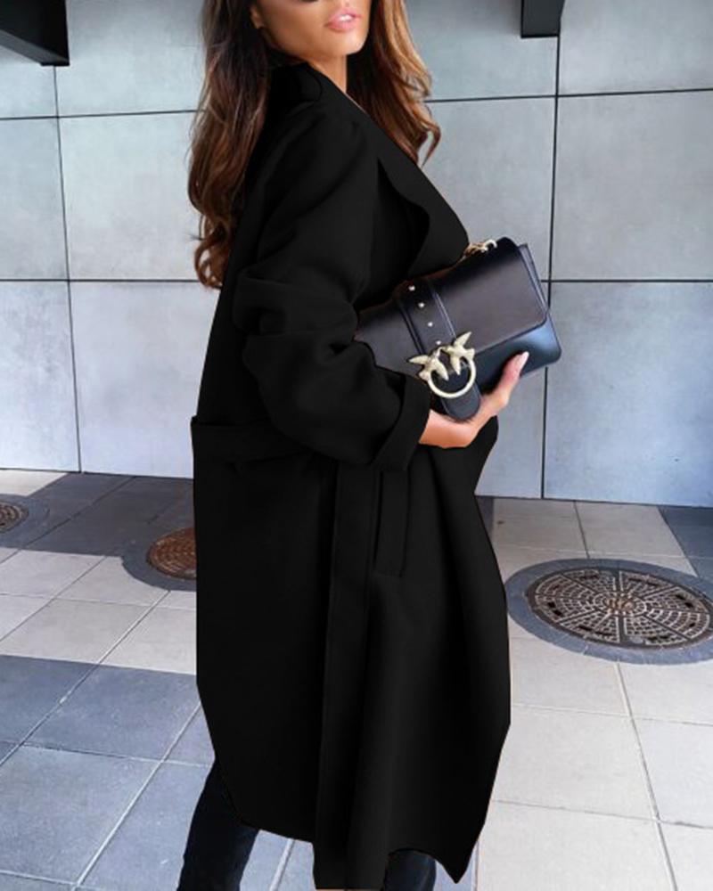 Solid Belted Waterfall Collar Coat-yoyobikini