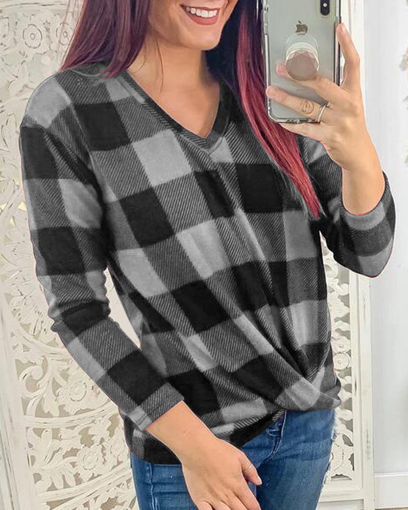 V Neck Long Sleeve Plaid Top-yoyobikini