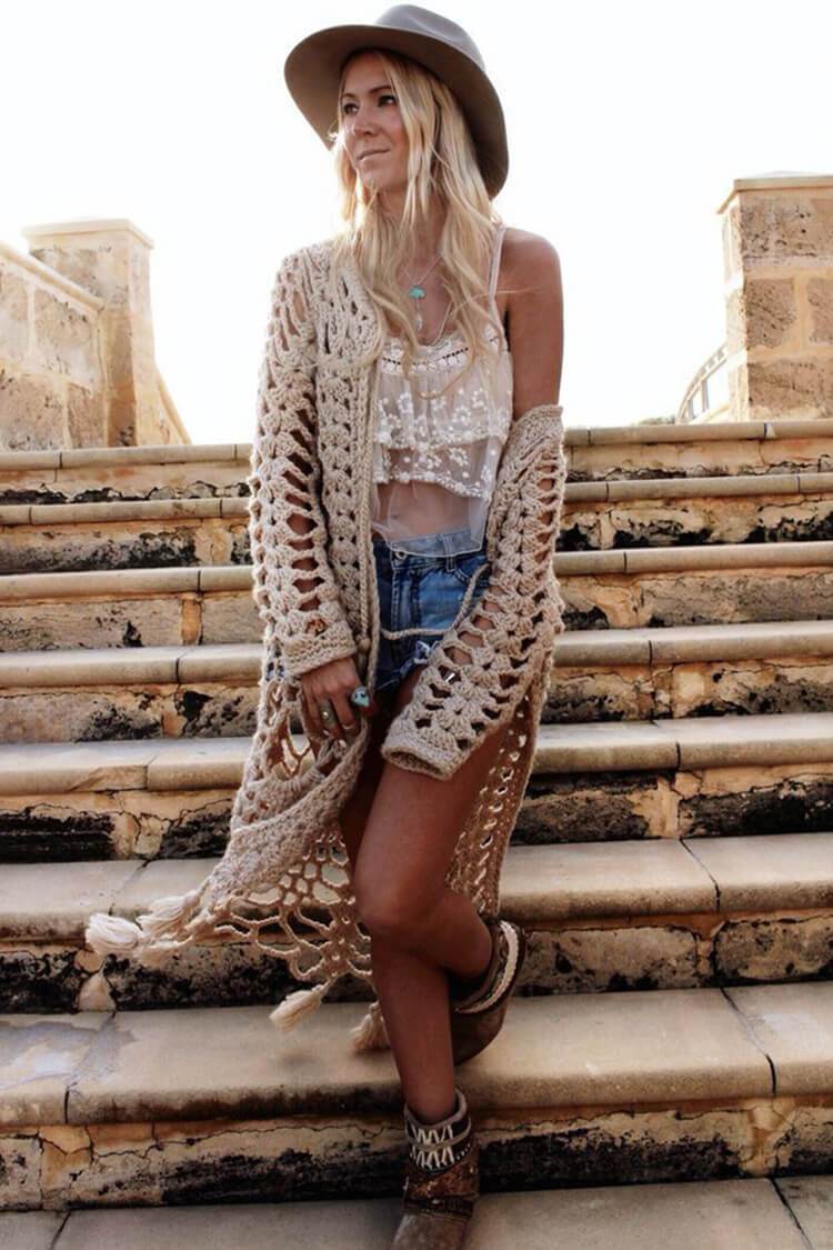 Boho Style Fringe Long Sleeve Crochet Cover Up-yoyobikini