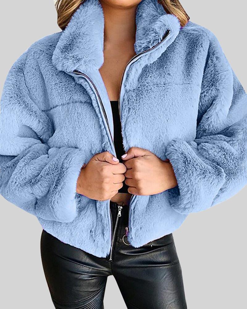 Solid Zip Up Collar Teddy Jacket-yoyobikini