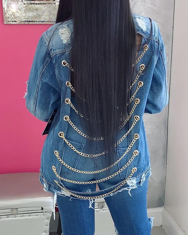 Ripped Button Up Chain Lace Up Hollow Out Back Denim Jacket-yoyobikini