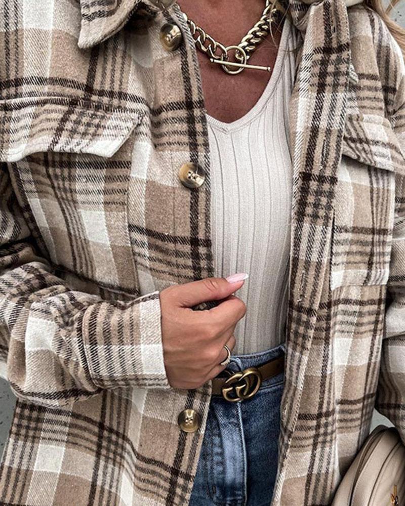 Plaid Print Button Up Pocket Detail Hooded Coat-yoyobikini