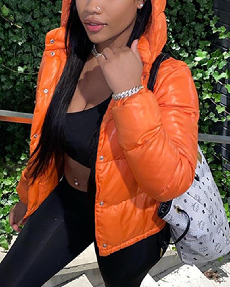 Solid Button Front Hooded Puffer Coat-yoyobikini