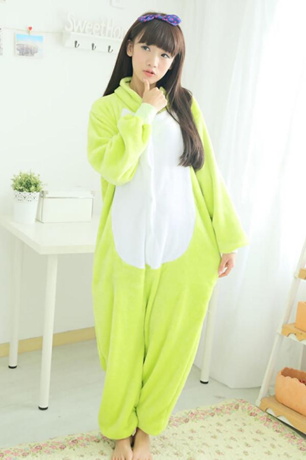 Green Cute Ladies Flannel Pajamas Comfortable Frog Jumpsuit Costume-yoyobikini