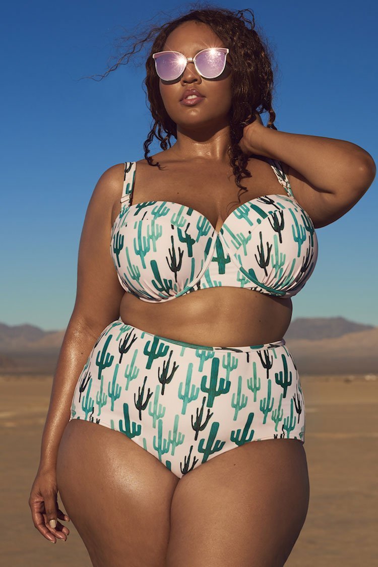 Plus Size High Waist Cactus Underwire Bandeau Bikini Swimsuit - Two Piece Set-yoyobikini