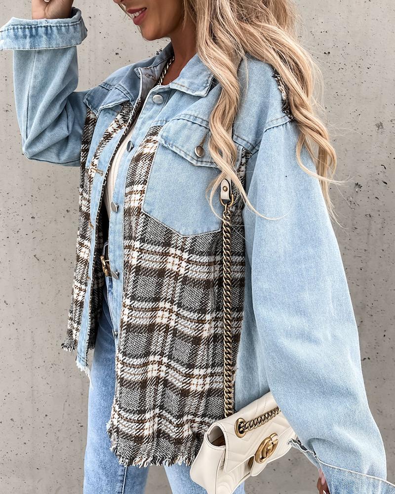 Plaid Spliced Raw Edge Button Up Denim Jacket-yoyobikini