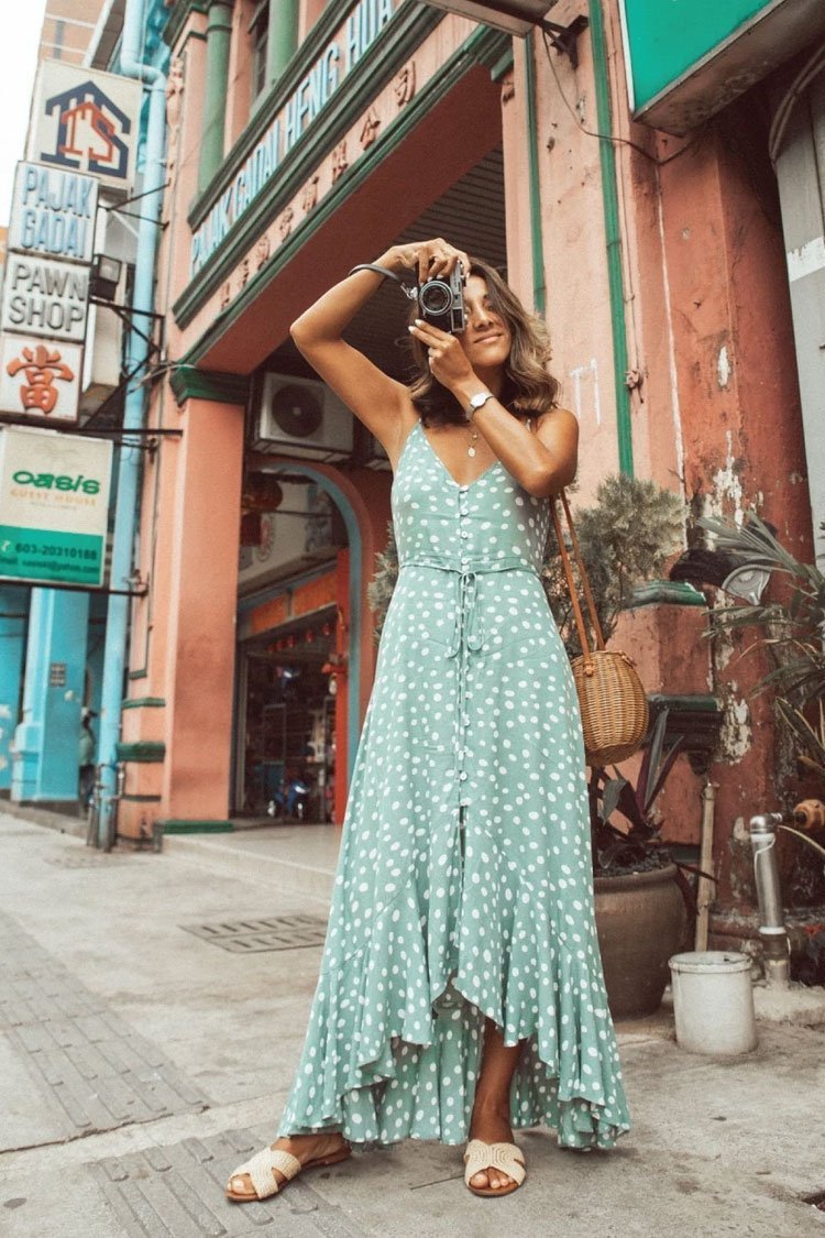 Polka Dot Asymmetric Ruffle Button Down Beach Maxi Dress