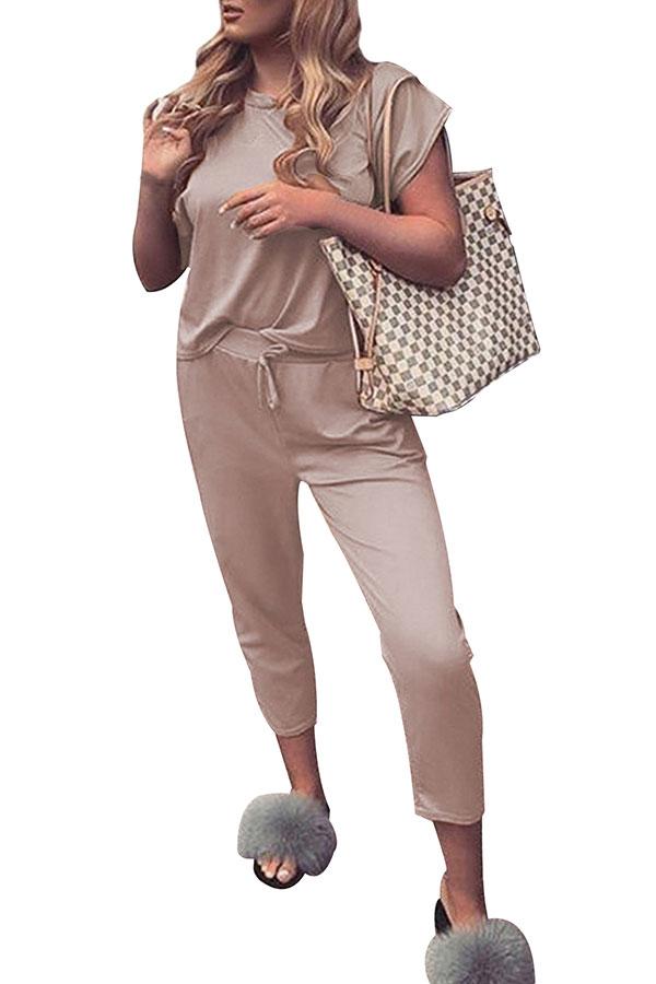Solid Short Sleeve Tee Pocket Capri Sports Set-yoyobikini