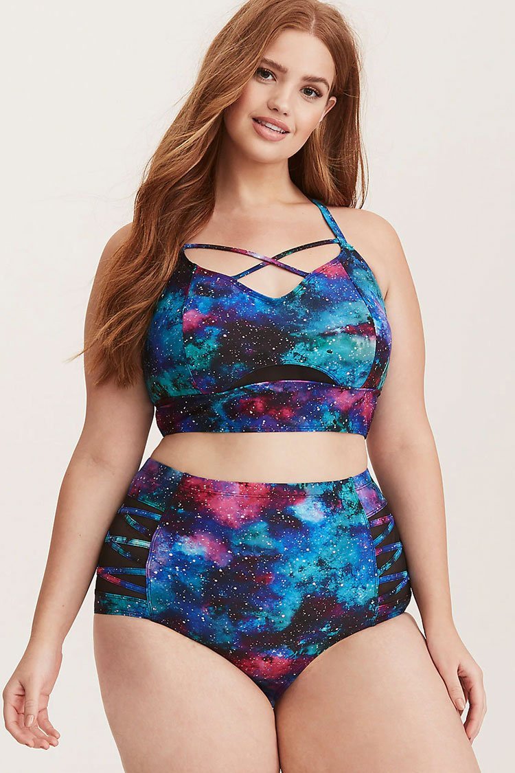 Plus Size Galaxy Crisscross Strappy High Waisted Bikini Swimsuit - Two Piece Set-yoyobikini