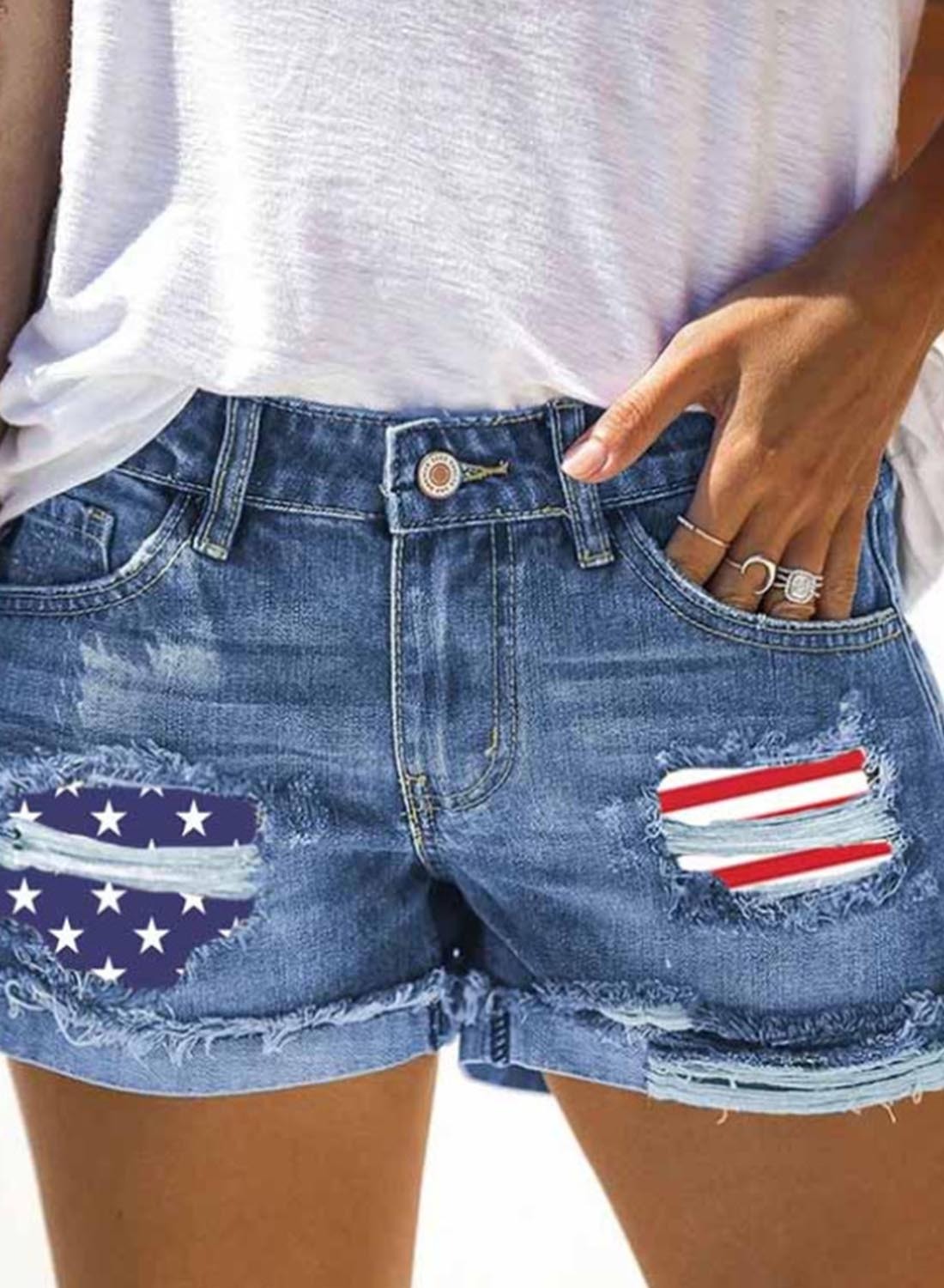 Women's Shorts Flag Print Mid Waist Denim Shorts-yoyobikini