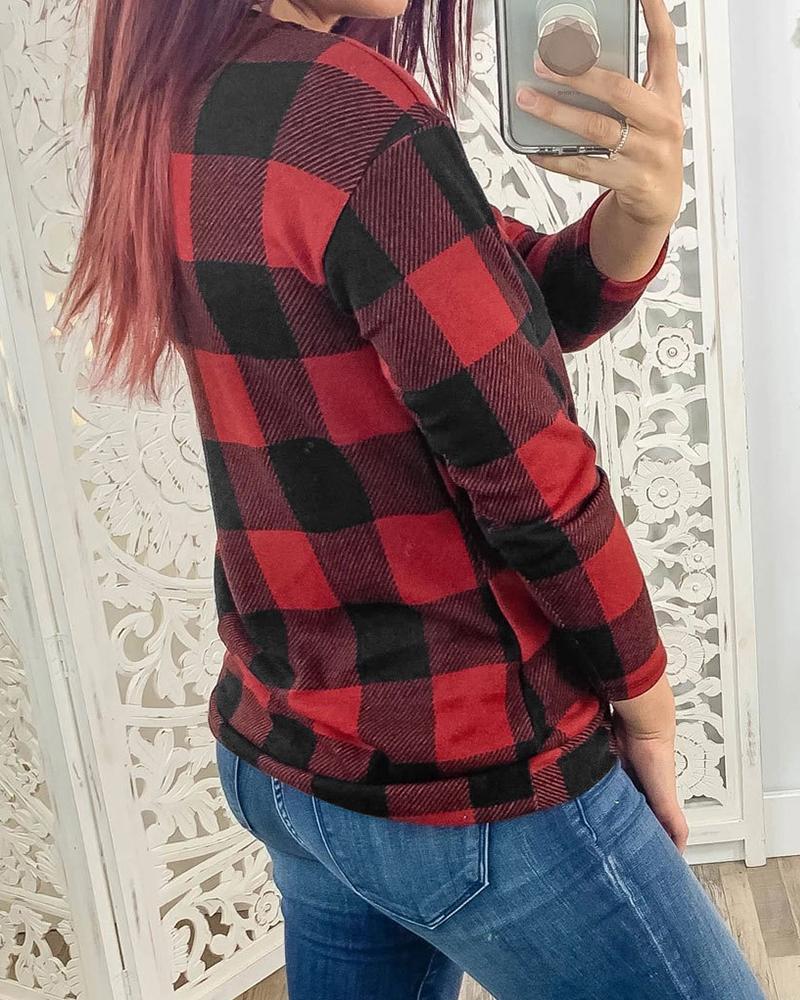 V Neck Long Sleeve Plaid Top-yoyobikini