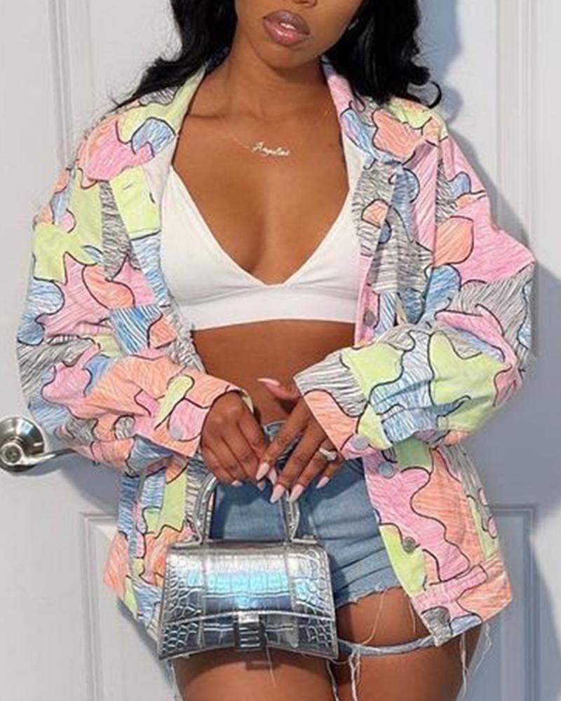 Puzzle Print Colorblock Button Front Long Sleeve Jacket-yoyobikini