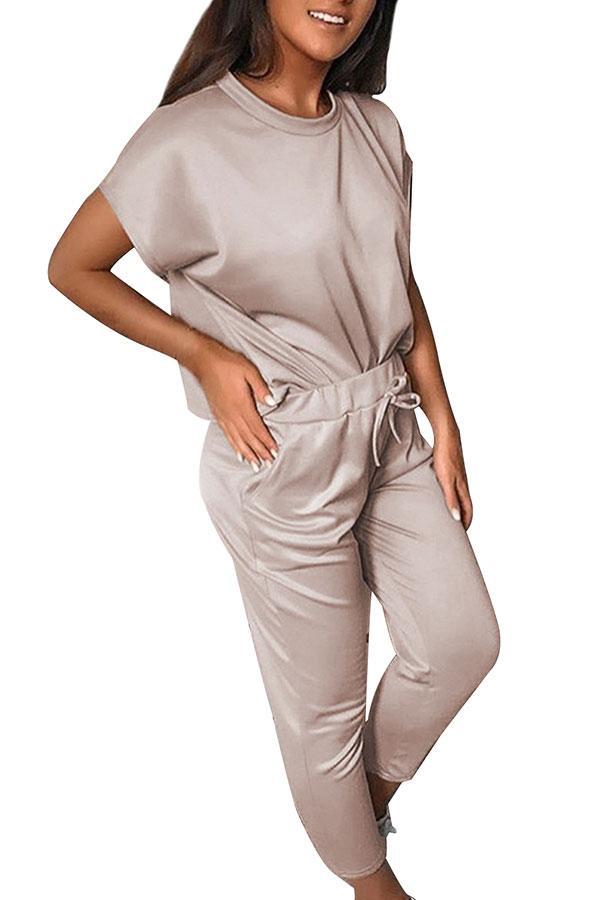 Solid Short Sleeve Tee Pocket Capri Sports Set-yoyobikini