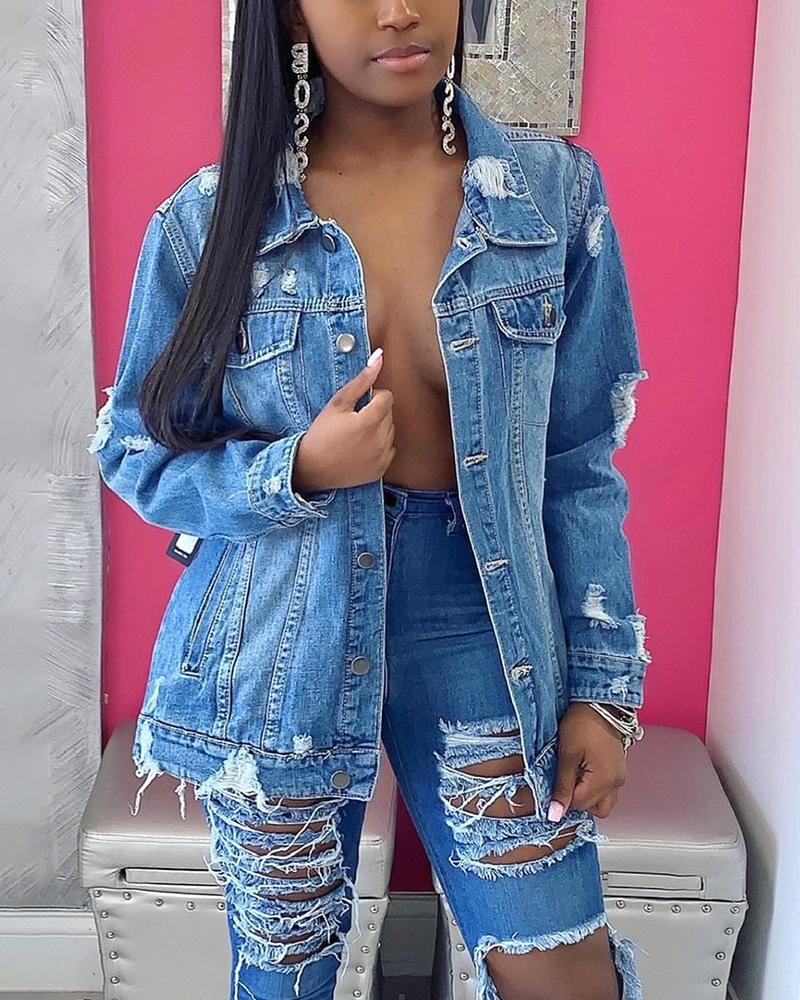 Ripped Button Up Chain Lace Up Hollow Out Back Denim Jacket-yoyobikini