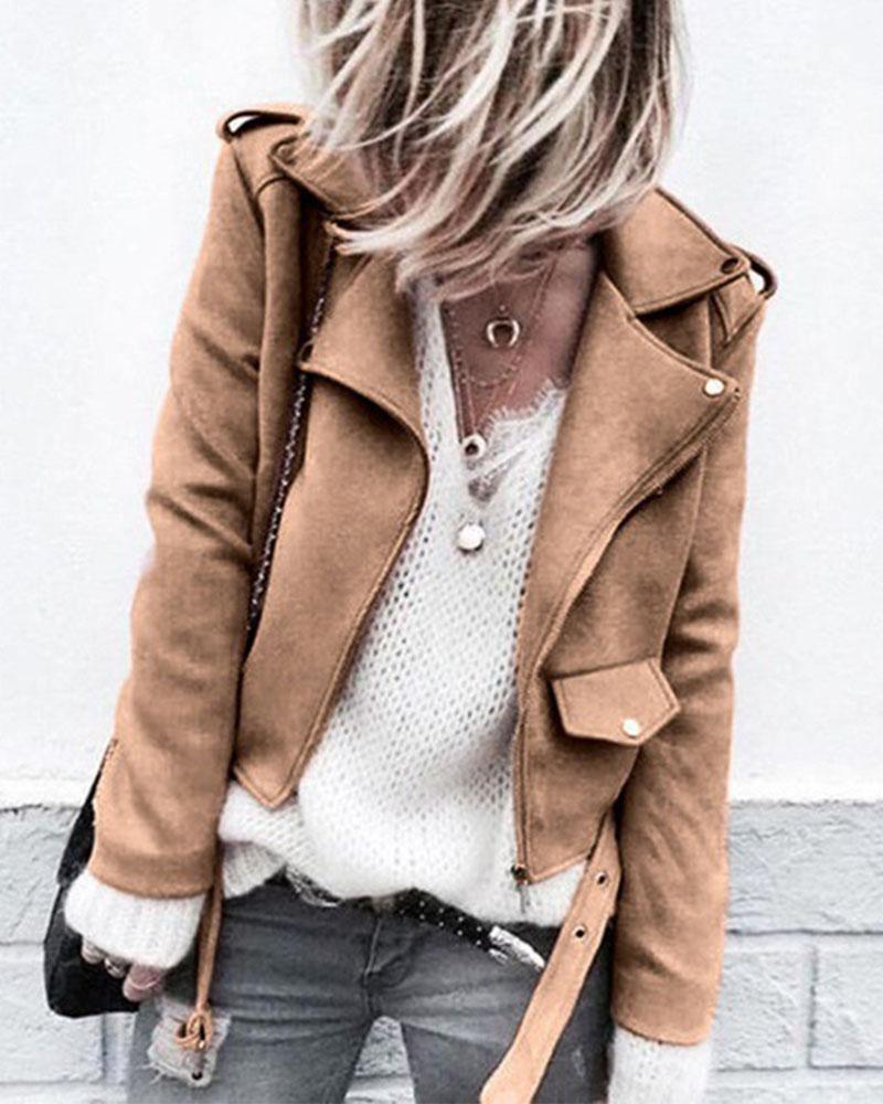 Suede Zip Up Flap Pocket Belted Moto Jacket-yoyobikini