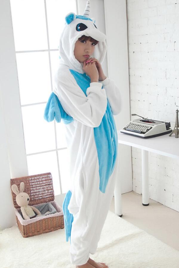 Blue Cute Ladies Unicorn Adult Flannel Pajamas Jumpsuit Costume-yoyobikini